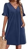 OFEEFAN Business Casual Dress for Women Summer Ruffled V Neck Shift Dress with Pockets Navy Blue M