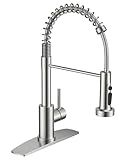 FORIOUS Kitchen Faucets with Sprayer, Brushed Nickel Stainless Steel Sink Faucet Single Handle with Deck Plate, Commercial Classic Spring Faucet for Kitchen Sink, Bar & Prep Sinks, Laundry RV Camper