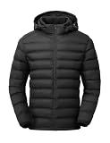 TBMPOY Men's Lightweight Puffer Down Jackets Detachable Hood Water-Resistant Winter Coat Hooded Insulated for Travel Ski Black XL