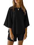 ANRABESS Womens Pajama Sets 3/4 Sleeve Oversized Tops and Elastic Waist Shorts Lounge Sets Loungewear Black Large