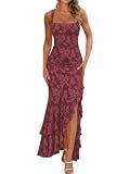 Women's Elegant Ruched Floral Maxi Wedding Guest Dress,XS,Wine Red