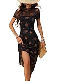 GothDark Women's 2025 Summer Floral Print Vintage Goth Dress Mesh Spliced Double-Layered Irregular Hemline Midi Dress