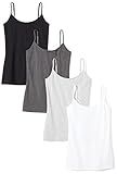 Amazon Essentials Women's Slim-Fit Camisole with Adjustable Straps, Layering Cami, Pack of 4, Black/Charcoal Heather/Light Grey Heather/White, Small