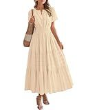 BTFBM Womens Summer 2025 Casual Midi Maxi Dresses Lightweight Short Sleeve V Neck Elastic Waist Boho Beach Dress Pockets(Apricot, Medium)