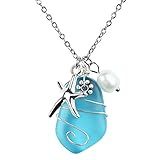 Sea Glass Necklace, Wire Wrapped Beach Necklaces with Starfish Pendant, Freshwater Pearls, Sea Glass Jewelry, Handmade Necklaces Gift for Women Girls