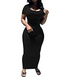 PINSV Women's Casual Bodycon Maxi Dress Summer Scoop Neck Short Sleeve Long Fitted Dresses Club Party Black L