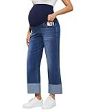 PACBREEZE Women's Maternity Jeans Straight Leg Cuffed Hem Comfy Stretchy Over Belly Denim Pregnancy Pants, S-XXL (Dark Blue, X-Large)