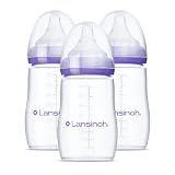 Lansinoh Anti-Colic Baby Bottles, BPA-Free Plastic, 8 Ounces, 3 Count, Medium Flow Nipples (Size M), Breastfeeding Bottle with NaturalWave Design, Baby Essentials