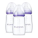 Lansinoh Anti-Colic Baby Bottles, BPA-Free Plastic, 8 Ounces, 3 Count, Medium Flow Nipples (Size M), Breastfeeding Bottle with NaturalWave Design