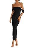 PRETTYGARDEN Womens 2025 Summer Off The Shoulder Dress Ruched Bodycon Sleeveless Split Cocktail Party Maxi Dresses (Black,Small)