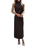 BTFBM Cocktail Dresses for Women Satin Silk Sleeveless Mock Neck High Waist Maxi Wedding Guest Dress Spring Clothes 2026(Black, Medium)