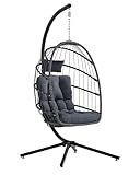 SWITTE Egg Chair Outdoor with Stand, Indoor Wicker Hanging Egg Swing Chair with Cushion, 350lbs Capacity for Patio, Bedroom, Garden - Dark Grey