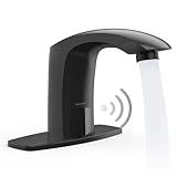 PRIMSOPH Automatic Motion Sensor Hands Free Electronic Infrared Smart Commercial Touchless Bathroom Sink Faucet with Cover Plate Temperature Mixer Battery or Plug-in Powered Matte Black