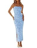 ZESICA Women's 2026 Summer Floral Strapless Maxi Sun Dress Bodycon Beach Vacation Wedding Guest Formal Cocktail Party Dresses, Blue, S