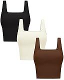 Womens 3Pk Crop Tank Tops Square Neck Workout Top, Black Brown Beige M