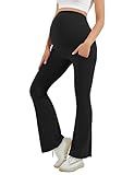 HEGALY Women's Maternity Flare Leggings Over The Belly - Casual Pregnancy Yoga Pants with Pockets Buttery Soft Black