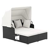 Tangkula Patio Rattan Daybed with Retractable Canopy, Outdoor Wicker Sunbed Lounger with 2 Foldable Side Tables, Thick Seat & Back Cushions, Double Daybed for Garden, Backyard, Porch (Off White)