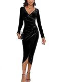 CYiNu Women's V Neck Wrap Velvet Long Sleeve Elegant Bodycon Ruched Cocktail Party Maxi Dress(Black,L)