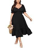 SHESTARR Women's Plus Size Maxi Dress Sweetheart Neck Short Sleeve Smocked Empire Waist Tiered A-Line Dresses with Pockets Black