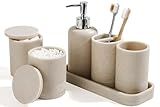 Bathroom Accessories Set, 6-Piece Bathroom Accessory Set, Toothbrush Holders Set, Soap Dispenser, Vanity Tray, Tumbler, Cotton Swab Jars, Bathroom Organizer for Modern Bathrooms(Beige)