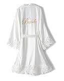 Crystal Dew Women's Lace Trim Bride Kimono Robes with Embroidery Bridal Silky Satin Bathrobe Wedding Party Sleepwear