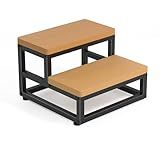 Y&M Two Step Stool for Adults Kids, Waterproof HPDE Bed Step Foot Stool with Adjustable Non-Slip Feet, Metal Frame Stepping for Kitchen Bathroom Bedroom Living Room, Indoor or Outdoor Use, Brown