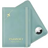 Stouchi AirTag Passport Holder, Cute Passport Holder with Airtag Slot, RFID Passport Wallet Cover for Women, Family Leather Passport Protector Case, Anti-Lost Travel Essentials, Sky Blue