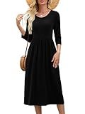 Heymoments Women Dresses Black Small Wedding Guest Crewneck 3/4 Sleeves A line Casual Flowy Swing Cocktail Slimming Birthday Party Spring Fall Winter Travel Long Midi Dress with Pocket