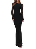 REORIA Women's Spring Mesh Sheer Long Sleeve Wedding Guest Dress Sexy Floral Bodycon Maxi Long Dresses Black Onyx Small