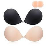 MINIYA 2026 Push Up Sticky Bra, 2 Pack Reusable Ultra Adhesive Invisible Backless Strapless Bra with Nipple Covers (US, Cup Band, A, Nude+Black)