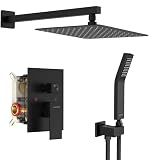SR SUN RISE Black Square Rainfall Shower Head and Handle Set, Wall Mounted Shower Fixtures, Metal Shower Faucet Trim Repair Kits (With Shower Valve)