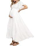 Swiss Dot Smocked Maternity Dress for Baby Shower Photoshoot Casual V Neck Ruffle Sleeve Empire Waist Tiered Boho Dress B White