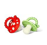 RaZbaby Soft Silicone Infant & Baby 3M+ Teether Toy Massaging Bristles Teething Relief Pacifier - Soothes Sore Gums - Hands-Free & Easy-to-Hold Chompy Teether, BPA Free (RED/Green)