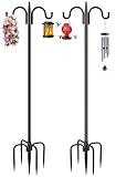 Gtongoko Bird Feeder Pole for Outdoors Heavy Duty, 2 Pack 92 Inch Double Shepherds Hook with 5-Prong Stable Base, 3/4 Inch Thick Hummingbird Feeder Stand for Hanging Plants, Lanterns