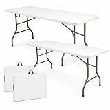 Set of 2 Folding Table 6 FT Lightweight Camping Table White Portable Plastic Rectangular Outdoor Dining Table Steel Legs Fold-in-Half with Carrying Handle for Indoor,Picnic,Party,Wedding,Events