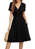 WEACZZY Summer Dress for Women Casual Short Sleeve Black Dresses Wrap V-Neck Party Dress with Pockets,Black,M