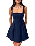 YMDUCH Women's Sexy Sleeveless Square Neck Adjustable Straps Bow Tie A-line Mini Party Club Dress Navy Medium