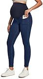 IUGA Stretchy Maternity Jeans Over Belly Skinny High Waisted Jeggings for Women Comfy Maternity Pants for Work with Pockets Dark Blue