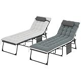 Outsunny Chaise Lounge Chair Outdoor Set of 2, 5-Position Adjustable Outdoor Pool Lounge Chairs, Folding Tanning Chair Beach Lounger with Cushion, Headrest, Side Pocket for Patio, Yard, Gray