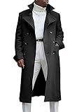 Ebifin Men's Notch Lapel Double Breasted Long Trench Coat Casual Cotton Blend Peacoat
