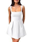 YMDUCH Women's Sexy Sleeveless Square Neck Adjustable Straps Bow Tie A-line Mini Party Club Dress White Medium