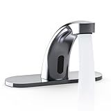 PRIMSOPH Automatic Motion Sensor Hands Free Electronic Infrared Smart Commercial Touchless Bathroom Sink Faucet with Cover Plate Temperature Mixer Battery or Plug-in Powered Chrome