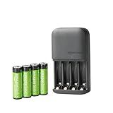 Amazon Basics 4-Bay Battery Charger for AA & AAA Rechargeable Batteries with Pre-Charged AA NiMh Batteries, LED Operation, Type A (American) Plug, 4 Count, Black
