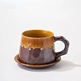 Alikexin 10oz Vintage Retro Handmade Ceramic Cappuccino Cup with Saucer –Small Rustic Stoneware tea cup and saucer, Lead-Free Latte Art Mug,Handmade mug with saucer set, Microwave safe, Brown