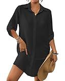 Bsubseach Swimsuit Coverup for Women Button Down Bathing Suit Cover Up Ruffle Hem Summer Beach Shirt Dresses with Pocket Black XL