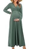 OUGES Fall Maternity Maxi Dresses Long Sleeve Wrap V Neck Baby Shower Dress Maternity Clothes 2025(Gray Green,L)