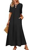 MEROKEETY Women's 2025 Summer Maxi Dress Casual Short Sleeve Beach Vacation Crewneck Basic Long T Shirt Dresses, Black, Large