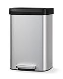Garvee 13 gal / 50 L Stainless Steel Trash Can with Lid, Large Garbage Can for Kitchen, Rustproof Step-on Kitchen Metal Trash Bin with Liner Rim, Rear Handle, Soft Close Plastic Lid, Silver