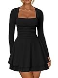 Kaximil Women's Square Neck Ruffle Hem Mini Dress Ruched Waist Long Sleeve Corset Short Party Dresses, X-Large, Black