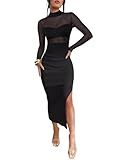Caracilia Womens Mesh Dress Long Sleeve Mock Neck Bodycon Sheer Going Out Cocktail Night Club Midi Dresses 3 Piece Outfits Black Large